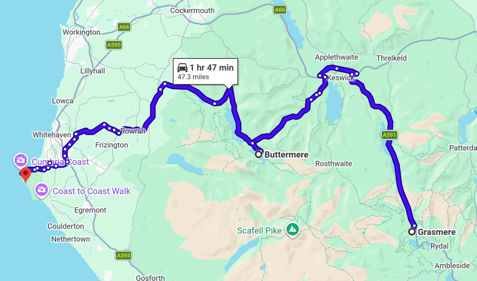 Google Maps route for the Lake District sunset drive